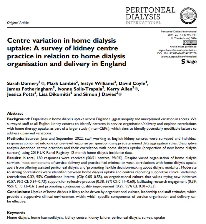 Peritoneal Dialysis International Journal (@pdi_journal) on Twitter photo July 2024 <a href="/PDI_Journal/">Peritoneal Dialysis International Journal</a>
📝 Centre variation in home dialysis uptake: A survey of kidney centre practice in relation to home dialysis organisation and delivery in England
🔗 buff.ly/3Mzq1nm
👤 Sarah Damery , <a href="/markrlambie/">Mark Lambie</a>, <a href="/simonsingingdoc/">Simon Davies</a>
#PeritonealDialysis
🔓 July 2024 <a href="/PDI_Journal/">Peritoneal Dialysis International Journal</a>
📝 Centre variation in home dialysis uptake: A survey of kidney centre practice in relation to home dialysis organisation and delivery in England
🔗 buff.ly/3Mzq1nm
👤 Sarah Damery , <a href="/markrlambie/">Mark Lambie</a>, <a href="/simonsingingdoc/">Simon Davies</a>
#PeritonealDialysis
🔓