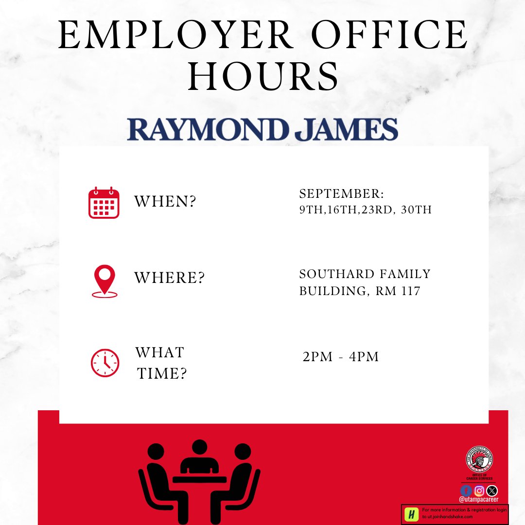September Employer Office Hours with Raymond James are here! 💼👔  Join us on September 9th, 16th, 23rd, and 30th to connect with top professionals, get insider tips, and elevate your career game. 🌟🤝 This is your chance to network and learn from the best in the industry! 🚀✨