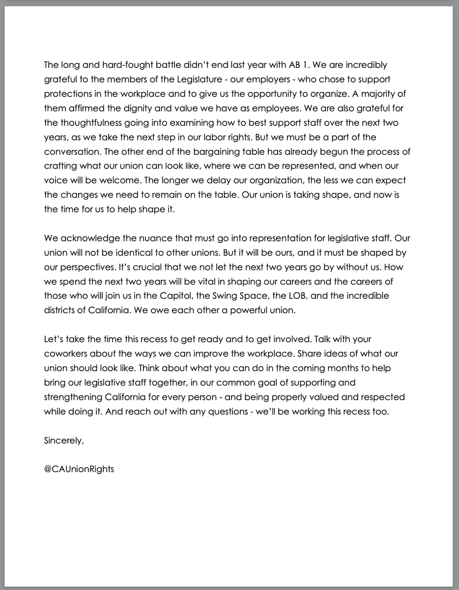 CAUnionRights's tweet photo. Happy Labor Day! See our Dear Colleague letter attached. Looking forward to working with you all this year and every other. #caleg #LaborDay2024 https://t.co/iryYxZubQW