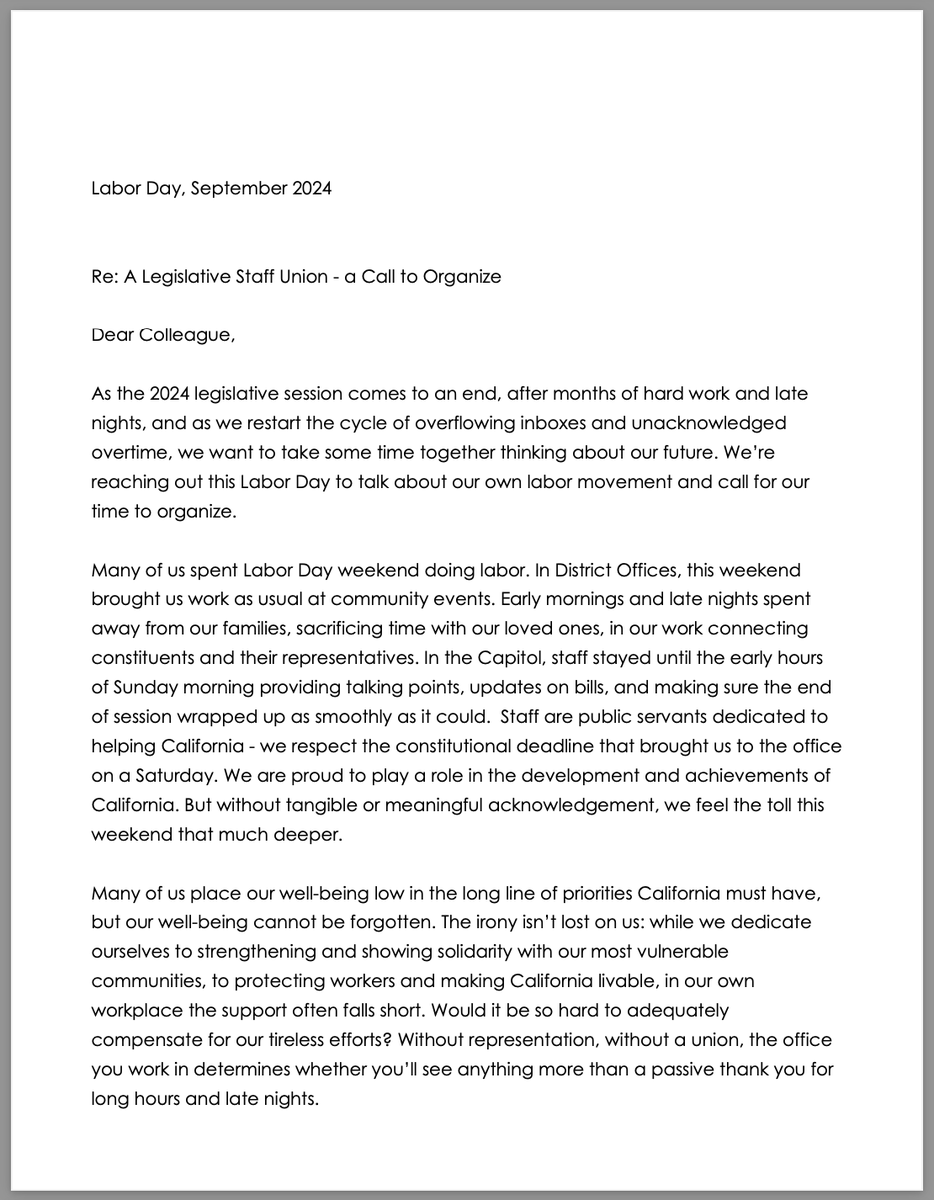 CAUnionRights's tweet photo. Happy Labor Day! See our Dear Colleague letter attached. Looking forward to working with you all this year and every other. #caleg #LaborDay2024 https://t.co/iryYxZubQW