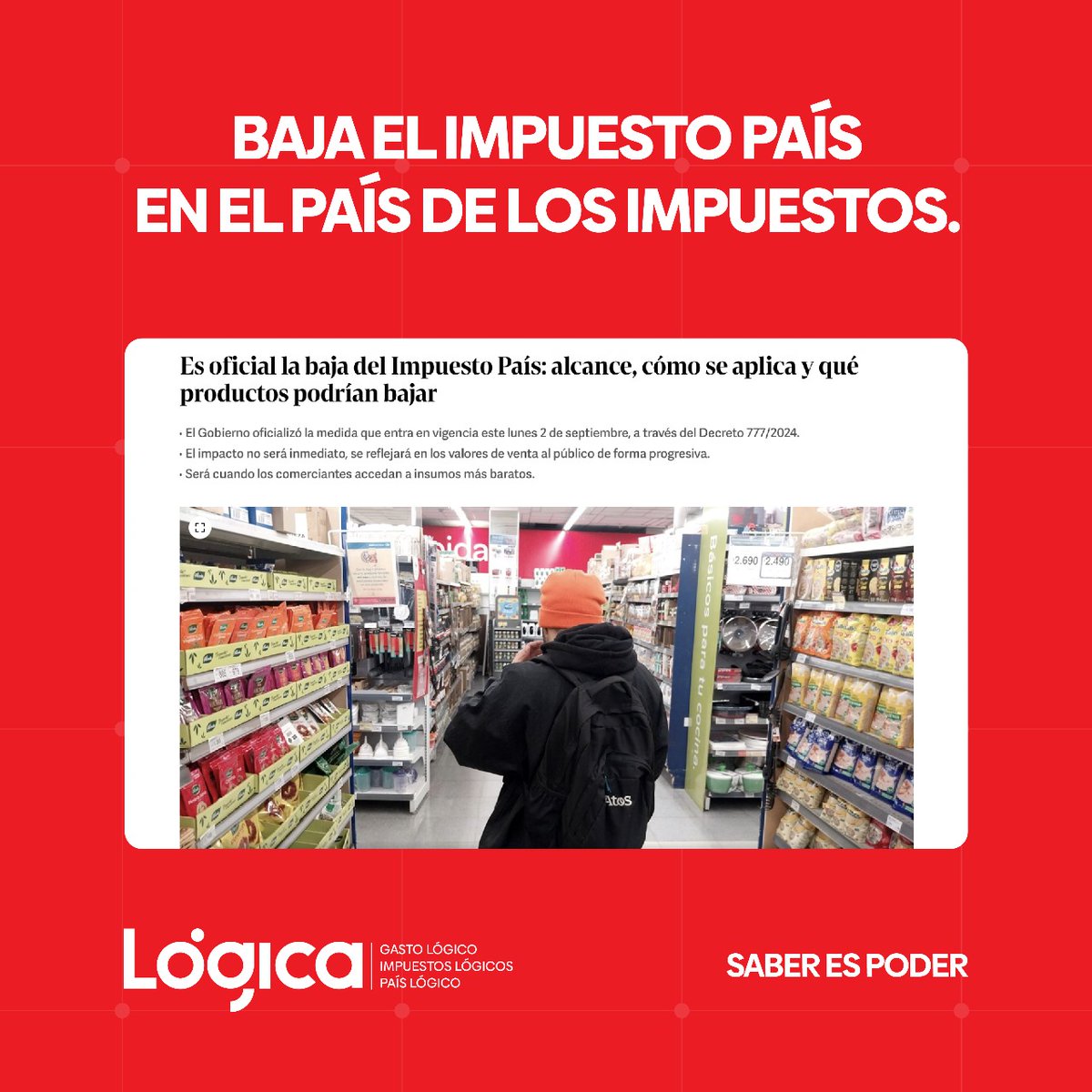 PaisConLogica's tweet image. La reciente baja del Impuesto PAIS, oficializada por el Gobierno, promete influir en los precios al consumidor de muchos productos masivos. Esta medida busca aliviar la carga impositiva y fomentar el comercio y el consumo. Suena Lógico. 📈
#SaberEsPoder