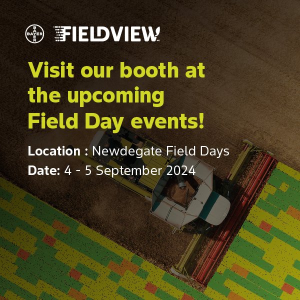 @NewdegateFieldDay is the last stop for our WA Field Days. We'll be at site 78D from September 4 to 5 and look forward to interesting conversations over the next couple of days. See you there 👋

#NewdegateFieldDay #FieldView #Bayer #DigitalFarming
