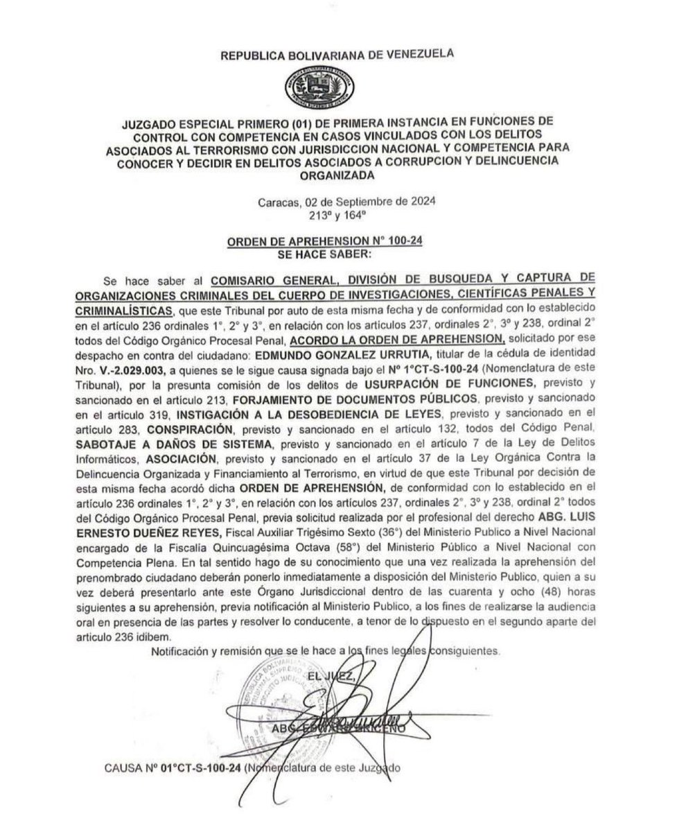 El presidente electo goza del antejuicio de mérito, que es indispensable para ser juzgado. Dado que Edmundo González es el presidente electo, cualquier orden de aprehensión en su contra carece de efecto legal. Además, quienes la ordenan y emiten incurren en responsabilidad penal.