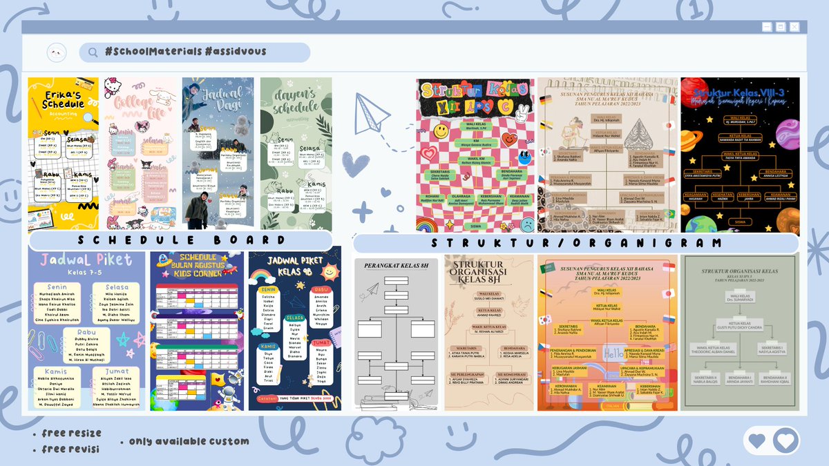 assidvous's tweet photo. [🚨] Yang butuh jasa edit/design, NGUMPUL YUK!

Aku open jasa edit PL pricelist, QR deco, template jadwal pelajaran (mapel, matkul), organigram, testi, dll.

🖼 KATALOG &amp; HARGA : https://t.co/4KYe4RuCy0
🎨 RESULTS : https://t.co/TdfyEmNHVl

#zonauang #zonaba https://t.co/EXrmOabQuk