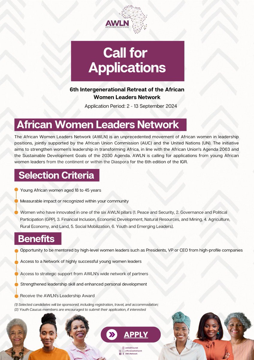AWLNetwork's tweet image. The @awln_YoungWomen is calling for applications for the 6th #IGR. Application link 👉🏾shorturl.at/P9Dhq

@AWLNetwork appel à la candidature de jeunes femmes leaders pour la 6eme #RIG. Lien pour postuler 👉🏾

@AU_WGYD @vanyaradzayi @AminaJMohammed
