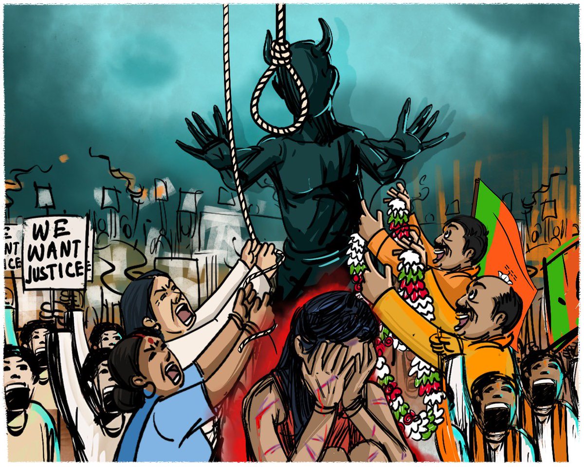 AITCofficial's tweet photo. There are only two sides in this fight for justice:

– Ones who want to hang the rapists
– Ones who greet them with garlands

Time to discard the Nari-Birodhis!

#BengalShowsTheWay https://t.co/mbihYjPanW