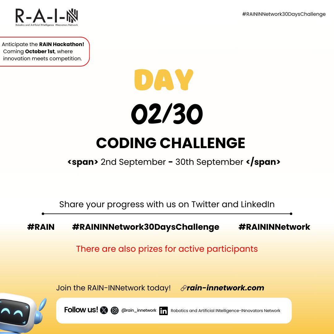 rain_innetwork's tweet photo. #Day2/30

We beat Procrastination on Day 1 and wrestle Consistency on Day 2. Write that second line of code, tag us and let us cheer the loudest for you 👏🏾

@RAINigeria @rain_innetwork #RAIN  #RAININNetwork30DaysChallenge #RAININNetwork https://t.co/mffDEGmL2x