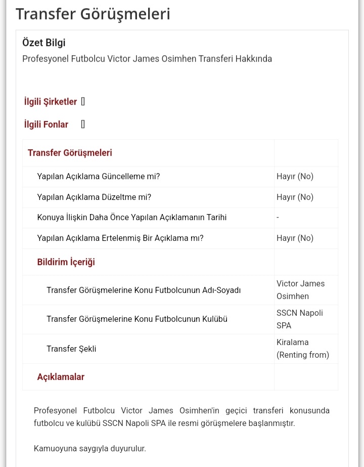 Bugüne kadar paylaştığım KAP haberlerinden en heyecan verici olanını paylaşıyorum.

Victor Osimhen  resmen Galatasaray'da 😉🦁