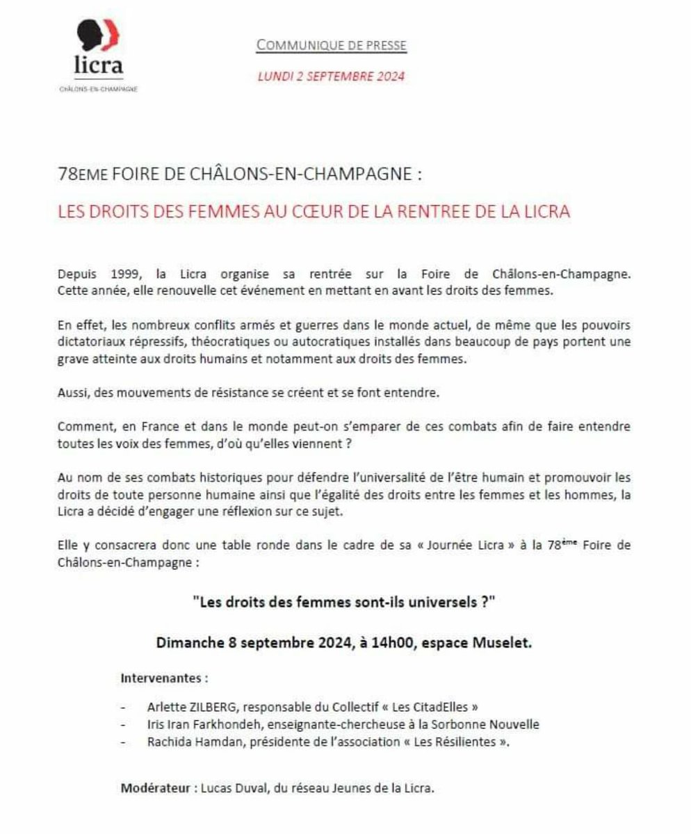 📣 Les #droitsdesfemmes sont-ils universels ? Notre porte-parole <a href="/Arlette_Zilberg/">Arlette_Zilberg</a> et nos amies <a href="/Iris_Farkhondeh/">Iris Iran Farkhondeh</a>, universitaire, et <a href="/rach_artis/">Rachida H.D</a> des Résilientes participeront au débat organisé par la <a href="/LicraChalons51/">Licra Châlons-en-Champagne</a>  dimanche 8/09 14h. Pour les détails c’est par ici 👇