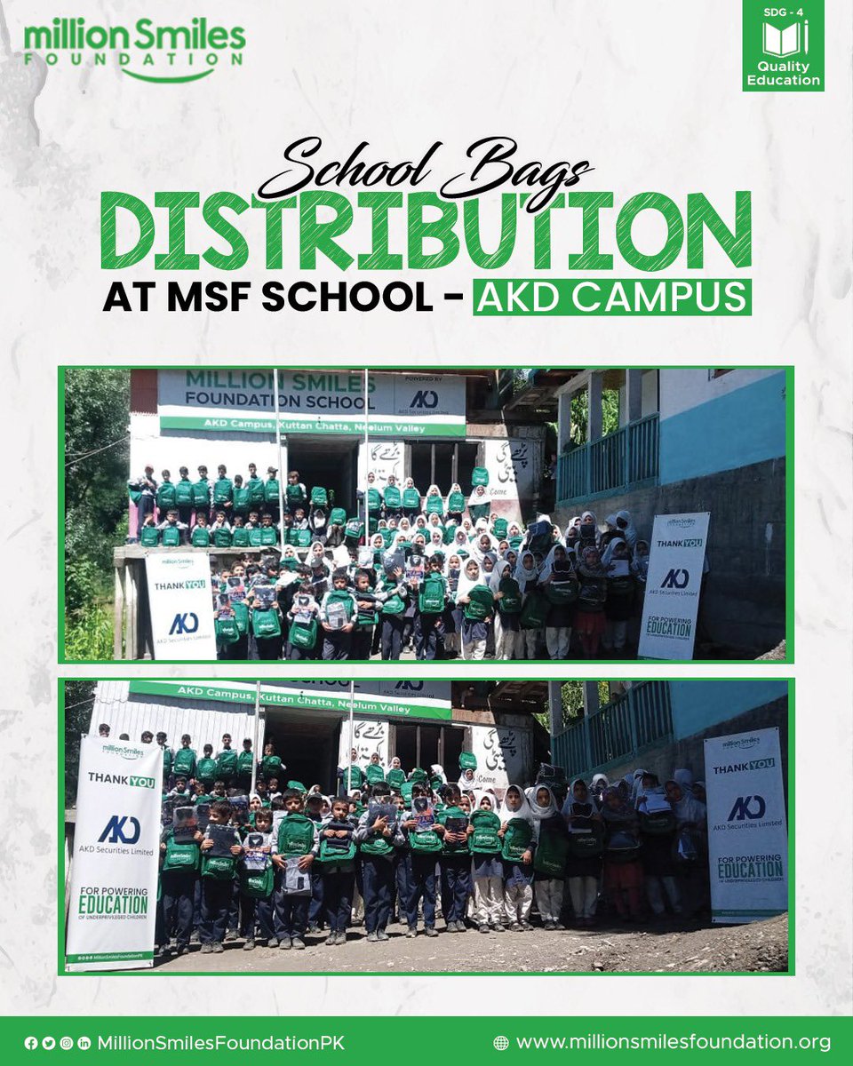 MSfoundationPK's tweet image. School bags Distribution held in MSF School - AKD Campus for the “Children of Mountain Valleys” in Kutton Chatta, Kashmir.

Come join the journey and Educate our children. DONATE your SMILES so we can spread a Million more Smiles.

#MSFschools #MillionSmilesFoundation #GirlChild…