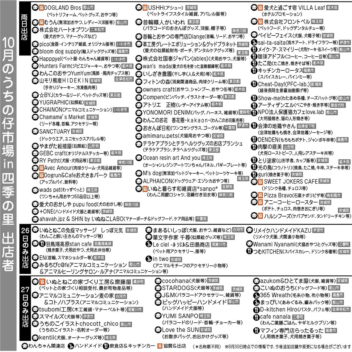 uchinoco's tweet photo. 東北最大わんちゃんイベント
うちの仔市場in四季の里 第9弾
\\こ��イベント2日間のみ、わんこ入園OK//
テーマは「ハロウィン」

気になる商品がいっぱい
一緒に楽しむ2日間
マナーウエア必須

日時／10月26日27日 9時30分～15時30分
場所／四季の里 (福島市)
参加料／大人500円(イベント入場料) https://t.co/4IUHl2vWj7