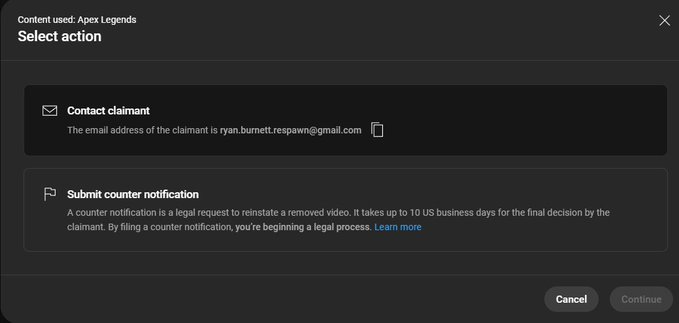 DjiTubz's tweet photo. . @BurnettRyanP CAN YOU PLEASE CONFIRM THIS IS NOT YOUR EMAIL!  

SOMEONE IS GOING AROUND USING YOUR NAME ON @YouTube TO SUBMIT FALSE CPOYRIGHT STRIKES ON APEX GAMEPLAY VIDEOS! USING A GMAIL INSTEAD OF A RESPAWN EMAIL.
@TeamYouTube
@Respawn
@YouTubeCreators 
@PlayApex https://t.co/RbgvlHDdaH
