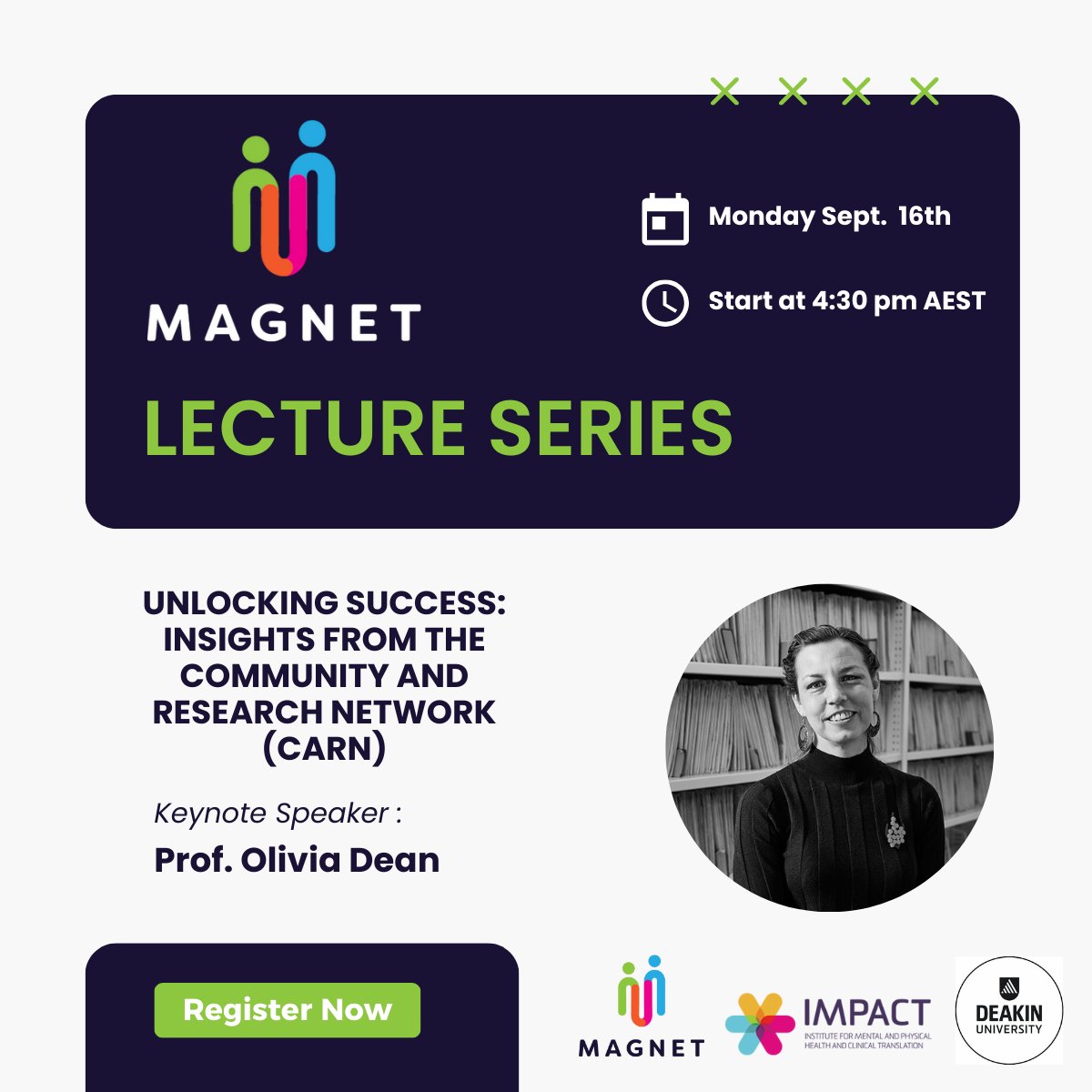 📢MAGNET LECTURE SERIES
Join Professor Olivia Dean for an interactive session on leading the Community and Research Network (CARN). Ask questions and get practical tips on running clinical trials. eventbrite.com.au/e/unlocking-su…

#MAGNETCTN #MentalHealth #ClinicalTrials
