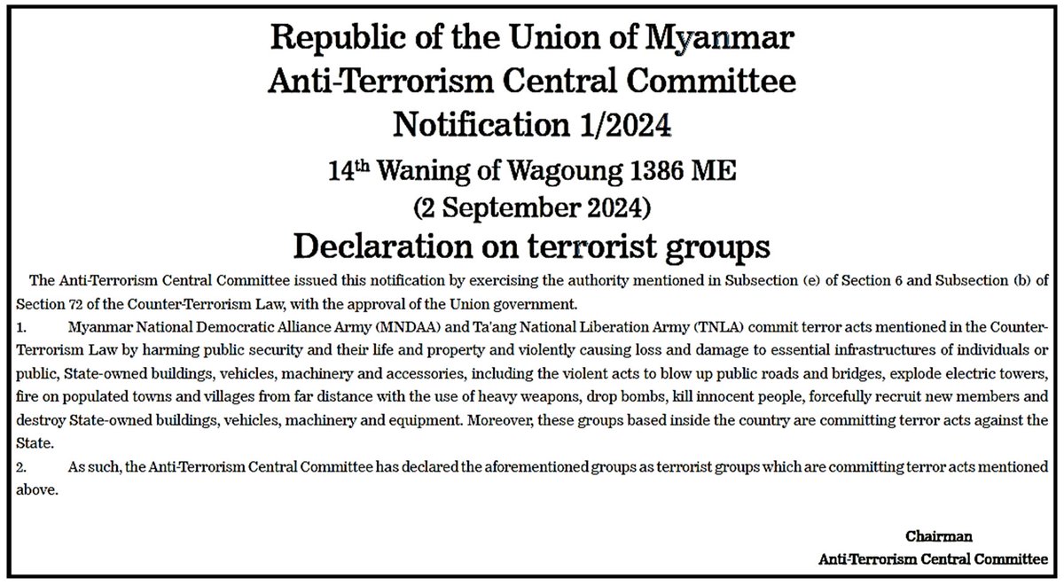 BaHmann2000's tweet photo. Declaration on terrorist groups
#TerroristGroups #MNDAA #TNLA 
#WhatsHappeninglnMyanmar 
@BaHmann2000 https://t.co/QL6GwK4pNK
