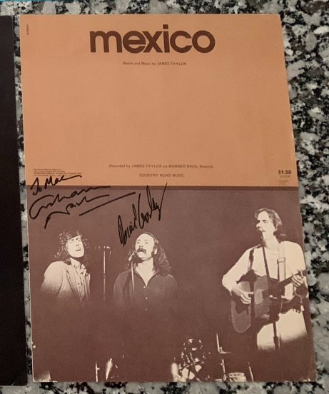 Dane_27's tweet photo. @JamesTaylor_com I sure do! One of my favourites.
A treasure is this signed “Mexico” music sheet by @thedavidcrosby and @TheGrahamNash .
Hope you see you at a show down the road and add your signature. Thanks for the music, James! https://t.co/LRJDNSm9uK