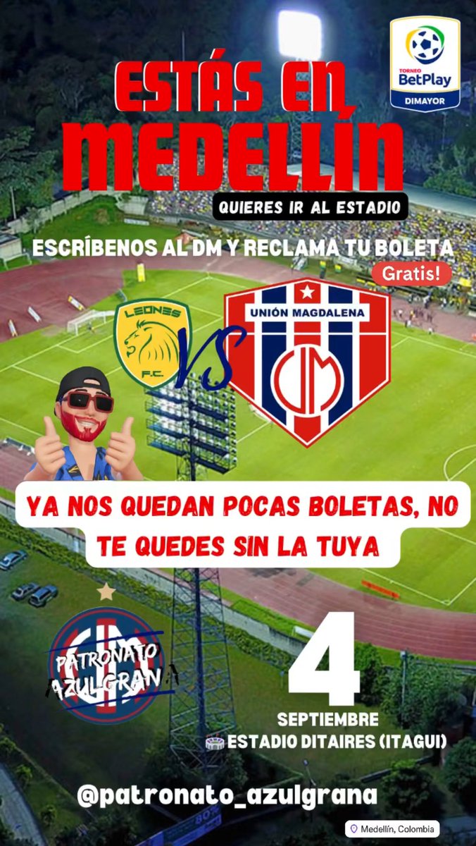Los hinchas/fanáticos del Unión Magdalena que están en Medellín y quieran acompañar al equipo para el juego 🆚 Leones FC (miércoles, septiembre 4), en Itagüi, solo tienen que escribirle un DM en Instagram a los amigos de <a href="/patronazulgrana/">Patronato_azulgrana</a>.