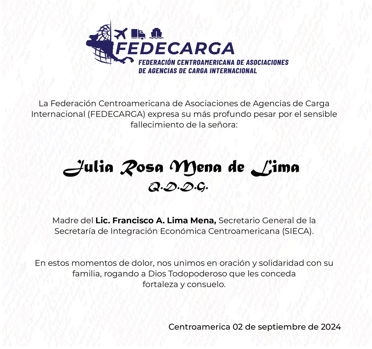 NOTA DE PESAME 🌿✝️🇬🇹🇸🇻🇭🇳🇳🇮🇨🇷🇵🇦 
#sieca #pesame