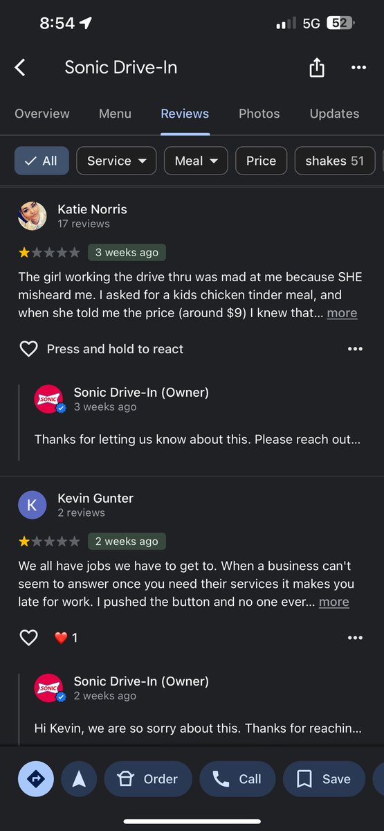 CanadianYaksman's tweet photo. @sonicdrivein Just a small sample of the horrible service at your Daphne AL location. If you cared at all, you would have someone investigate this location.  This Sonic should be closed permanently.  Check the google reviews yourself if you don’t believe me. https://t.co/BY06C9ueLL