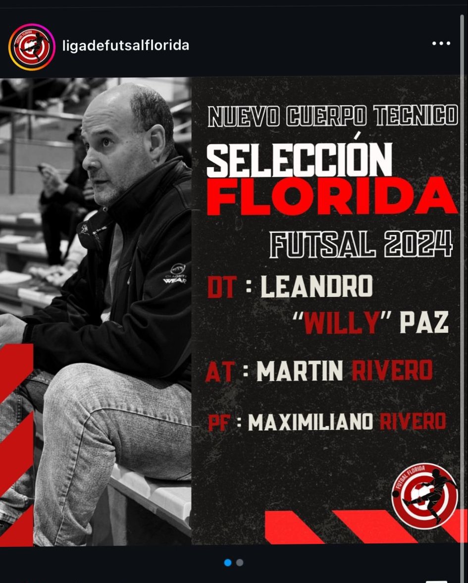 LEANDRO "WILLY" PAZ ES EL NUEVO DT DE LA SELECCION DE FLORIDA DE FUTSAL
- Tendrá como ayudante técnico a Martín Rivero y como Preparador Físico a Maximiliano Rivero.
