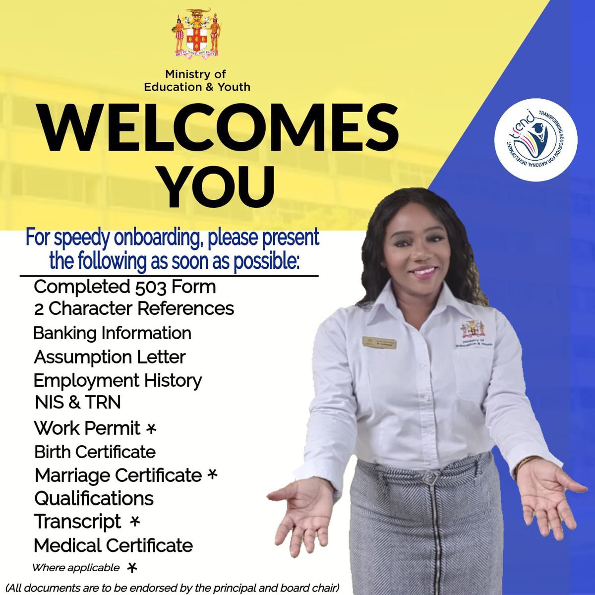 MOEYJamaica's tweet photo. The MOEY Welcomes all new teachers to the education sector!
For a speedy onboarding process, please present the listed!✨
#MOEY #TREND #HowWeTrend #TRENDINGBrighterJa https://t.co/rO52sHEmaS