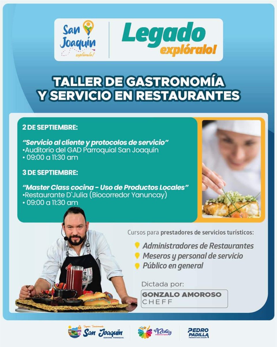 AgroAzuayGPA's tweet photo. 🧑🍳Junto al #GAD Parroquial de #SanJoaquín iniciamos el proceso de capacitación sobre gastronomía y servicio en restaurantes para los establecimientos ubicados en el #Biocorredor #Yanuncay.
Mañana te esperamos👇😉 https://t.co/qboAopN9BO