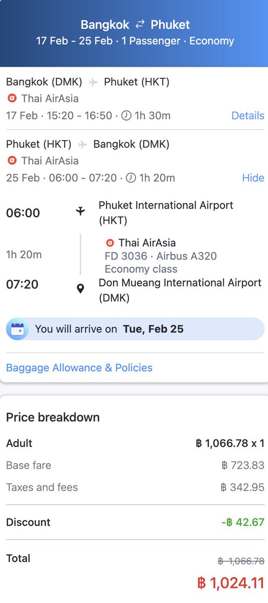 ✈️ Bangkok / Phuket / return 🏝️ 1-week roundtrip 1,042 THB