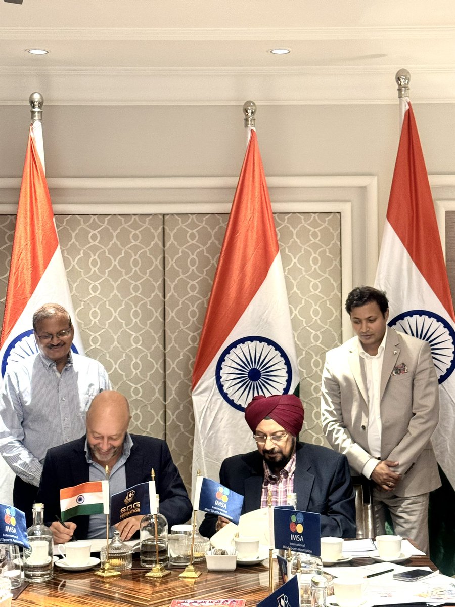 Nandan_Jha4's tweet photo. Today was a significant day for @sogfindia as we signed a partnership agreement with the International Mind Sports Association (IMSA) in the presence of CEO Mr. Geoffrey Borg (former CEO of @FIDE_chess ). This agreement covers India, Pakistan, Nepal, Sri Lanka, and Bhutan 🇧🇹. We are now ready to organize the World Mind Sports Games in all these countries, starting with India.