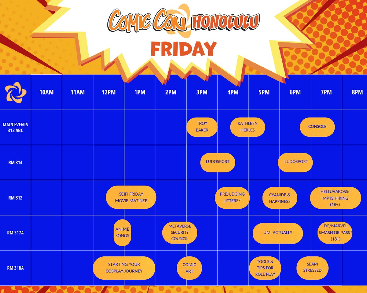 ComicConHNL's tweet photo. The Event Schedule is here! 🎉

The info in these images may change, so be sure to download the Comic Con Honolulu guide on the Guidebook app for all of the latest updates.

If you haven't purchased your membership yet, be sure to do so by visiting us at https://t.co/11qsTTbPTp! https://t.co/pJpa7CGC08