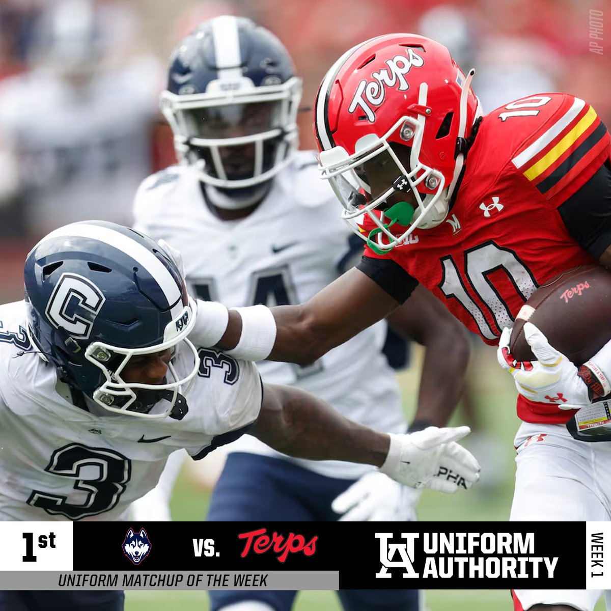 UniAuthority's tweet photo. #UniAuthority Week 1 Uniform Matchups of the Week: 
3. @FAUFootball / @MSU_Football 
2. @uscfb / @LSUfootball 
1. @UConnFootball / @TerpsFootball 

#UAWeek1 https://t.co/rMFmdqiBXr