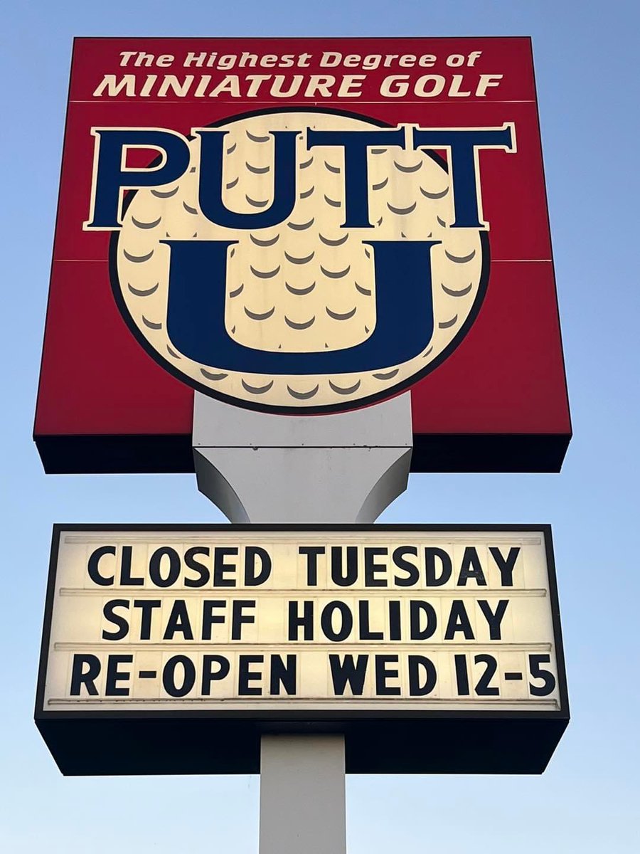 PuttUMiniGolf's tweet photo. Staff Holiday: after 129 consecutive days open!
Kelby is sleeping in and Randy‘s going surfing 😊
See you on Wednesday. https://t.co/6eCCTBnIY7