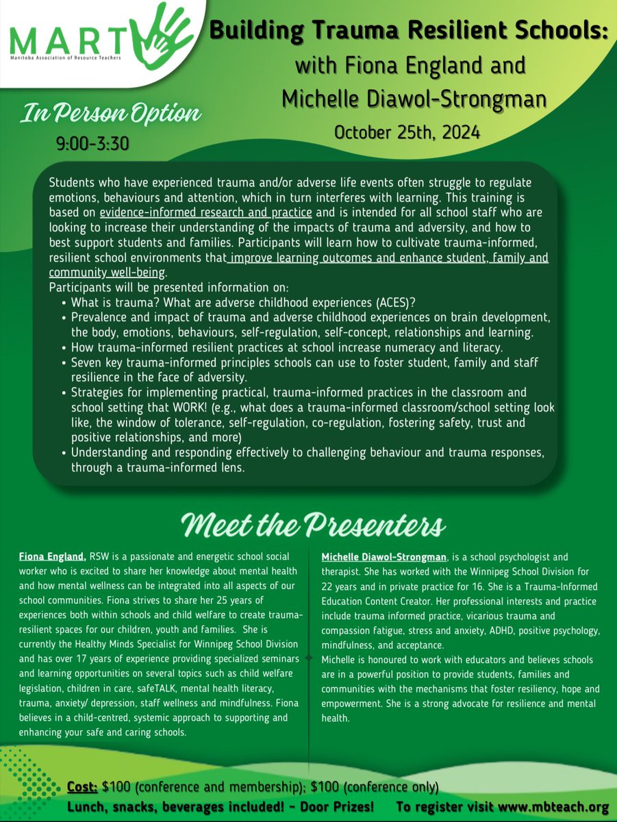 MART_Inclusion's tweet photo. 📢Registration is officially open!📢
Join MART on **October 25th, 2024** at the Victoria Inn Conference Centre for a full day of professional development🌟
MART is offering two options this year to better meet our members' needs: one in-person 🏫and the other virtual 💻
#MTSPDDay https://t.co/ZdLS9yrO2z