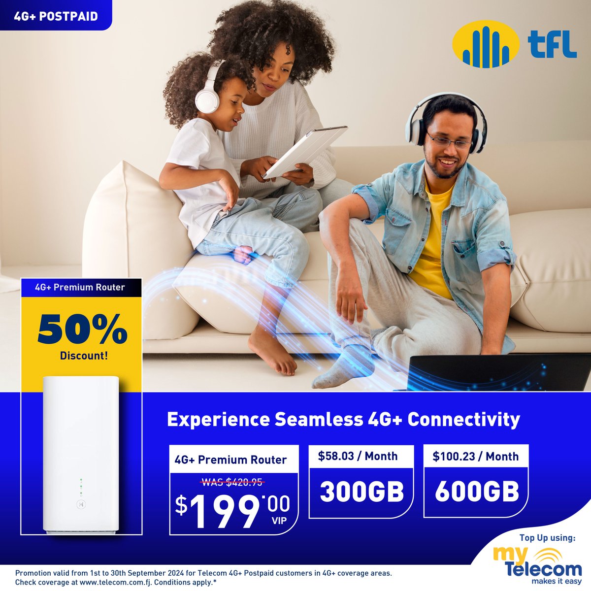 TelecomFJ's tweet image. Get over 50% OFF on our 4G Premium #Router
Now just $199 VIP (was $420.95 VIP). 
#Postpaid customers only.
Promo ends 30th September 2024. Don't miss out!

#TelecomFiji #DiscountDeal #UpgradeNow