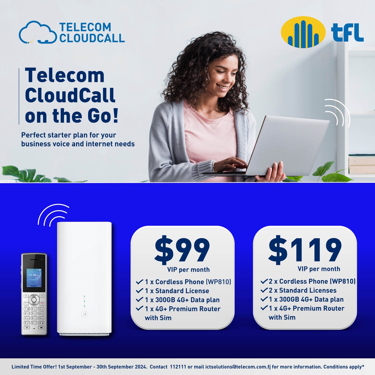 TelecomFJ's tweet photo. Telecom #Cloudcall on the Go!
Boost your business with seamless voice and internet solutions. Plans start at just $99 VIP/month!
📅 Offer ends 30th Sept 2024.
#TelecomFiji #CloudCall #BusinessPlan #ExclusiveOffers https://t.co/6OUdrYTB69