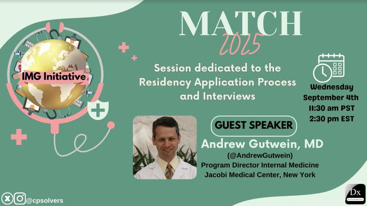 The Clinical Problem Solvers (@cpsolvers) on Twitter photo #MedTwitter...getting ready for #Match2025?๐ฅผ
Tune into this session on Wednesday, September 4th at 11:30 AM PST / 2:30 PM EST led by IM program director <a href="/AndrewGutwein/">Andrew Gutwein MD</a>
Hear all about the application process and interviews!
๐ง: bit.ly/3WQqQgr #MedTwitter...getting ready for #Match2025?๐ฅผ
Tune into this session on Wednesday, September 4th at 11:30 AM PST / 2:30 PM EST led by IM program director <a href="/AndrewGutwein/">Andrew Gutwein MD</a>
Hear all about the application process and interviews!
๐ง: bit.ly/3WQqQgr