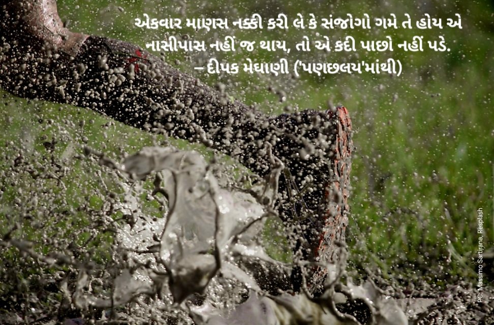 એકવાર માણસ નક્કી કરી લે કે સંજોગો ગમે તે હોય એ નાસીપાસ નહીં જ થાય, તો એ કદી પાછો નહીં પડે.
– 'પણછલય'માંથી