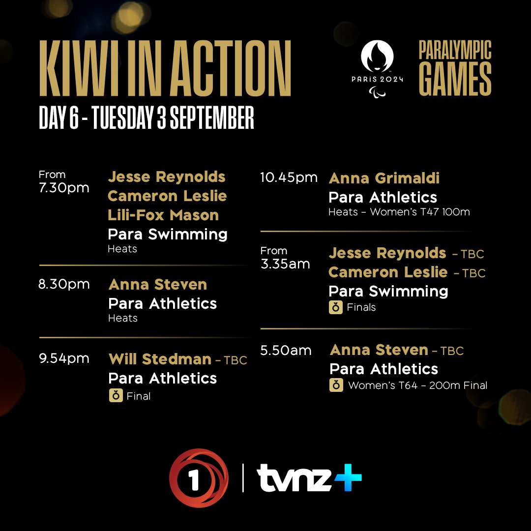 Day 6 of the #Paris2024 Paralympics is set to be super exciting with Kiwi athletes competing across the board, with medal-chances-galore! 🔥🎉🇳🇿

Paris 2024 Paralympic Games | LIVE from 7.30pm on TVNZ 1 or take control via our five streaming channels on TVNZ+