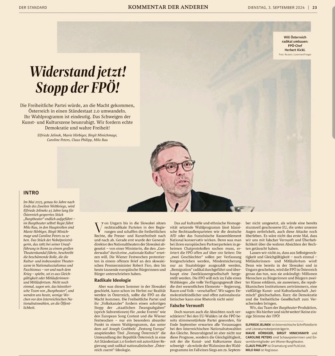 #Rueckgrat. Nicht nur das Schweigen der Kunst- und Kulturszene beunruhigt. <a href="/burgtheater/">Burgtheater</a>-Brief in <a href="/derStandardat/">DER STANDARD</a> betrifft alle.

Als Vorsitzender der <a href="/oeliug/">Österreichische LehrerInnen Initiative</a> bin ich genauso über das Wahlprogramm beunruhigt. Meldestellen für unliebsame Lehrer?

Ich vermisse Empörung der anderen!