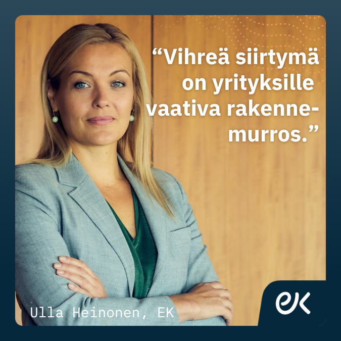 Elinkeinoelämä on sitoutunut vihreään kasvuun.
Budjettiriihen alla on kuitenkin syytä muistuttaa, että kyseessä on vaativa siirtymävaihe. Yritysten onnistumista on tuettava kaikin keinoin, kirjoittaa <a href="/heinonen_ulla/">Ulla Heinonen</a> Kauppalehdessä.

kauppalehti.fi/uutiset/vihrea…