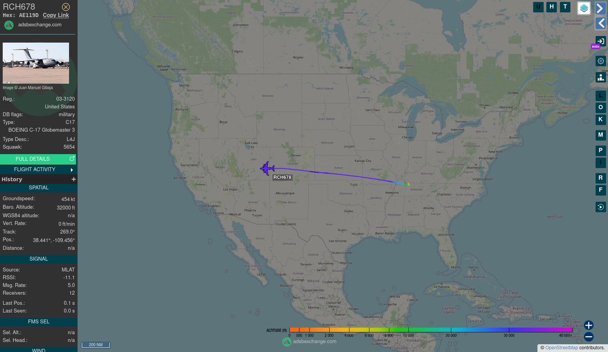 TheIntelFrog's tweet photo. US Air Force C-17A Globemaster III #AE119D as RCH678 on a flight from Fort Campbell, KY to Travis AFB, CA. Travis may be an intermediate stop for fuel and rest before heading further west.
For the last several months, flights out of Fort Campbell have been going east. https://t.co/RJV2WAIJZv