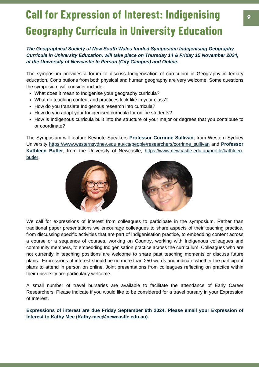 Institute of Australian Geographers (@instaustgeog) on Twitter photo Call for Expressions of Interest: Due: Friday September 6th 2024...
The Geographical Society of New South Wales funded Symposium "Indigenising Geography Curricula in University Education", Thursday 14 & Friday 15 November 2024.
Email: Kathy Mee (Kathy.mee@newcastle.edu.au).
. Call for Expressions of Interest: Due: Friday September 6th 2024...
The Geographical Society of New South Wales funded Symposium "Indigenising Geography Curricula in University Education", Thursday 14 & Friday 15 November 2024.
Email: Kathy Mee (Kathy.mee@newcastle.edu.au).
.