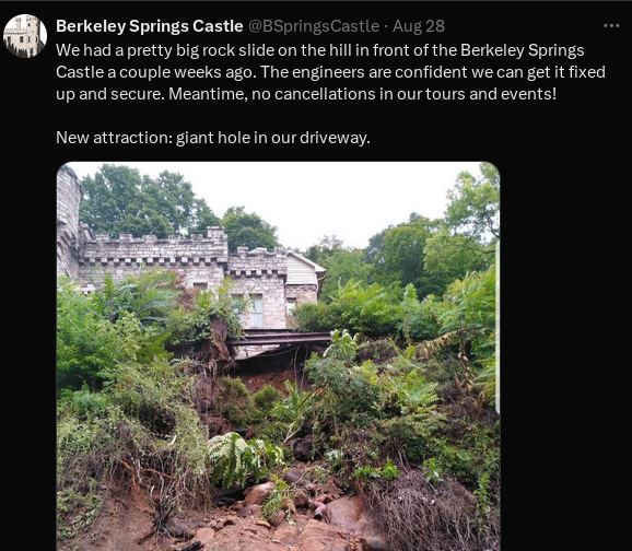 CastleBerkeley's tweet photo. Looks like @VDARE's HQ is is bleeding money at @BSpringsCastle
From a massive hole in their driveway to a massive poo explosion caused by their failing septic system, the castle is a danger to those who visit
Keep your family safe, stay away!
#VDARE #BerkeleySpringsWV https://t.co/jczOyoWplh