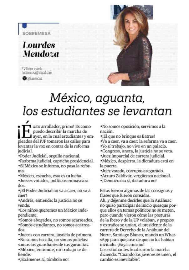 Así es como el Poder Judicial les da línea a “periodistas” para escribir contra la Reforma Judicial de <a href="/lopezobrador_/">Andrés Manuel</a>.

Lourdes Mendoza le pide el V.º B.º a la ministra de la <a href="/SCJN/">Suprema Corte</a>, Margarita Ríos-Farjat para publicar su columna «México, aguanta, los estudiantes se levantan».