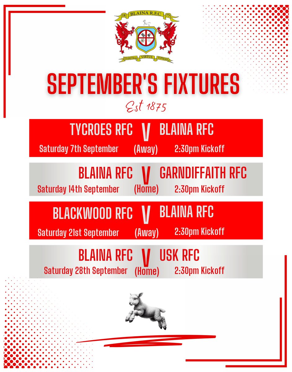 Blaina RFC ๐ดโซโช (@lambsrfc) on Twitter photo ๐๐๐ฅ๐ฉ๐๐ข๐๐๐ง ๐๐๐ญ๐ฉ๐ช๐ง๐๐จ
This Saturday, the Lambs hit the road for our second pre-season friendly against Tycroes RFC. Then, our Division 2 league campaign kicks off at home on September 14th against Garndiffaith.๐
#NewSeasonNewChallenges #Lambs #BlainaRFC ๐๐๐ฅ๐ฉ๐๐ข๐๐๐ง ๐๐๐ญ๐ฉ๐ช๐ง๐๐จ
This Saturday, the Lambs hit the road for our second pre-season friendly against Tycroes RFC. Then, our Division 2 league campaign kicks off at home on September 14th against Garndiffaith.๐
#NewSeasonNewChallenges #Lambs #BlainaRFC