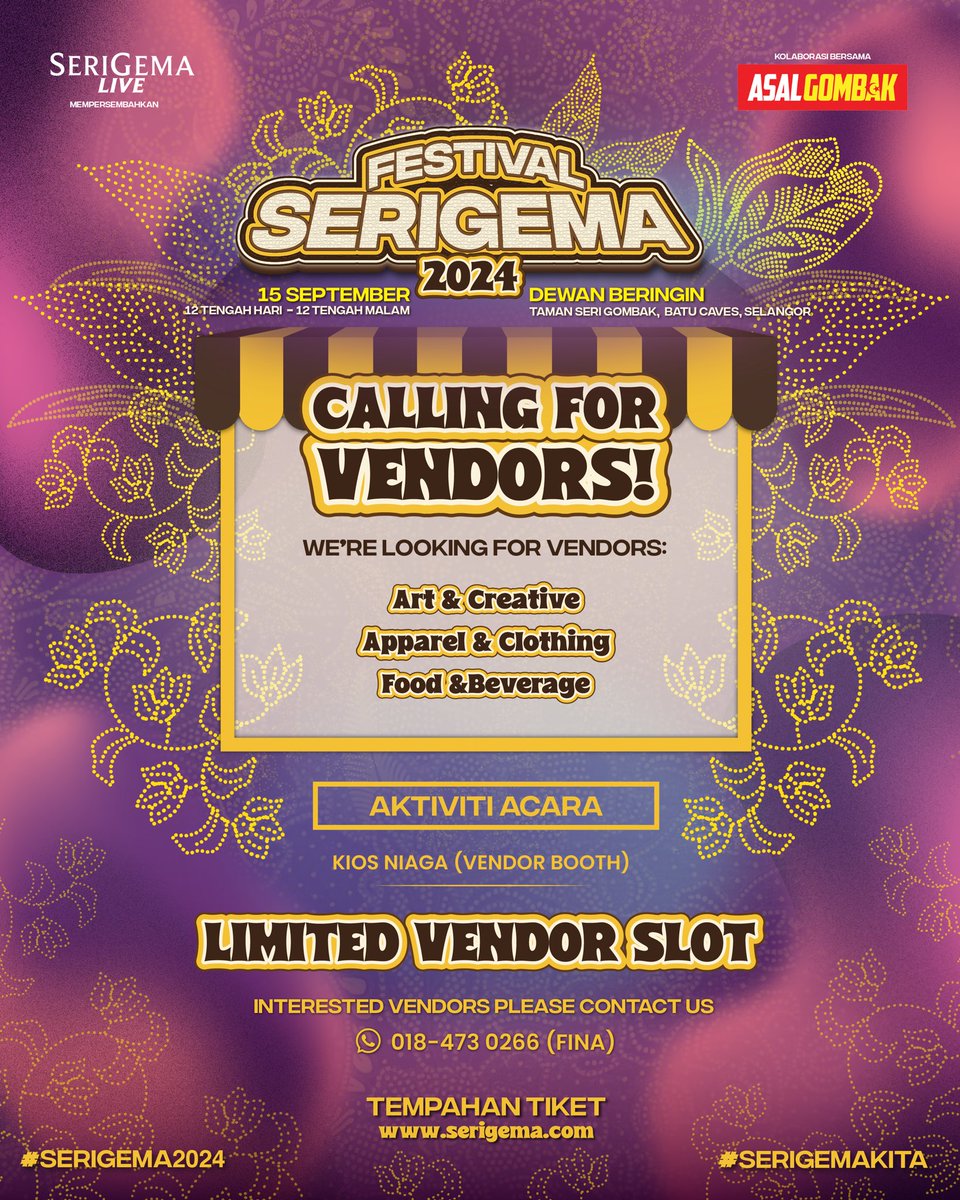 📢 Panggilan Usahawan, Peniaga Produk Lokal dan Jenama Tempatan untuk sertai ruang Tapak Kios Niaga!

18 Tapak Niaga Sahaja Lagi

Untuk Tempahan Tapak
Hubungi: +60 18-473 0266 (Fina)
atau klik link (WhatsApp): wa.link

#SeriGema2024 #SeriGemaKita #AsalGombak