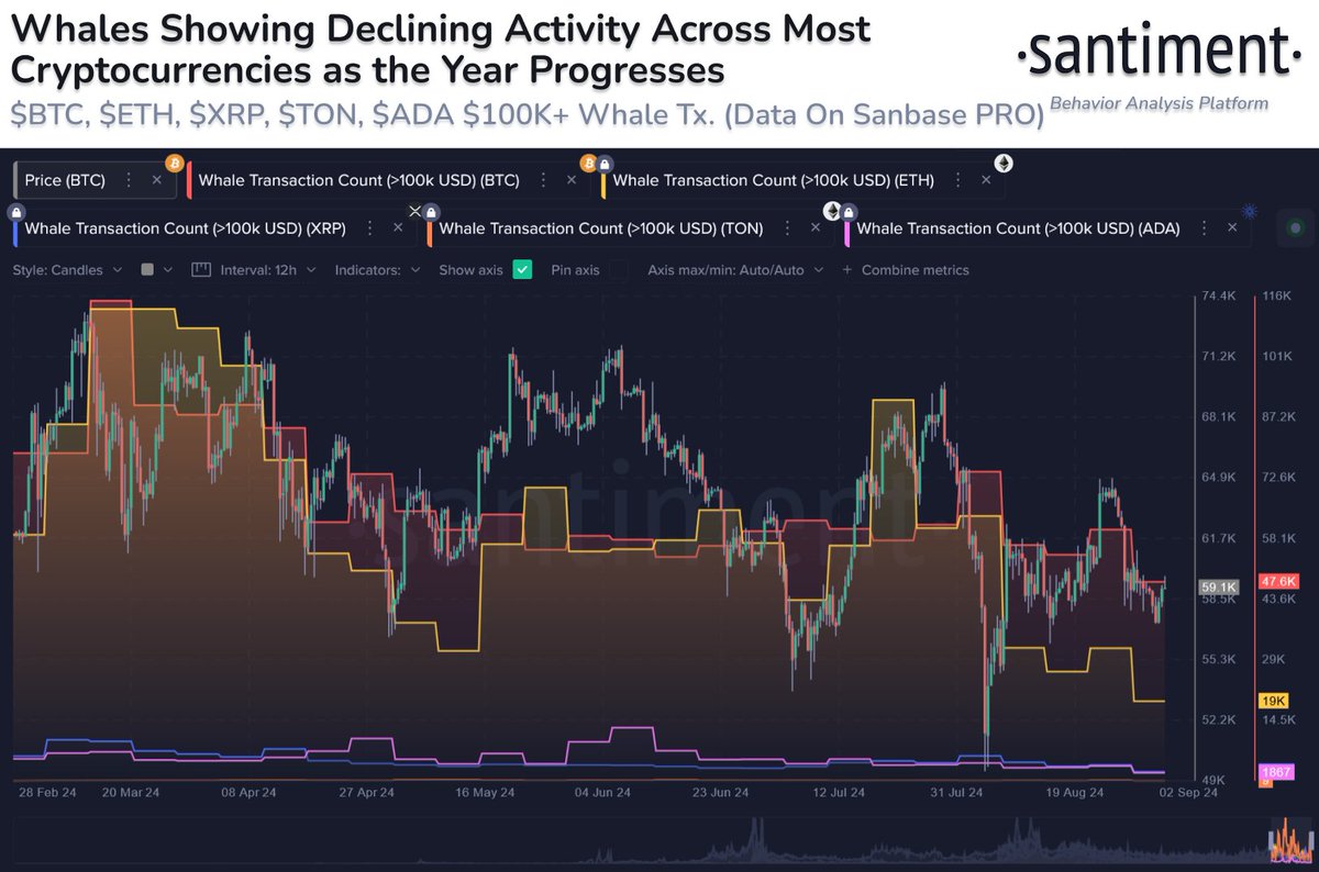 🐳 The decline in overall whale activity across most crypto assets has  become more and more noticeable. Peak 2024 $100K+ transaction weeks for BTC  & ETH compared to recently: Bitcoin: March 13-19: