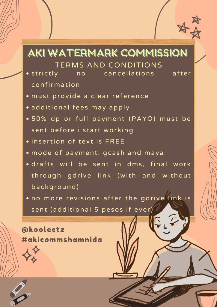 #akikomms : BATCH 68 .ᐟ

aki digital art watermark commission ! ༊*·˚ 

– 10 slots only 
– dm to avail a slot
– working time: 1 - 7 days
– can also do thank you card, box seal sticker, wishlist, layout, icon
– read t &amp; c

# wts lfb wm comms bns digi lf client chibi text doodles