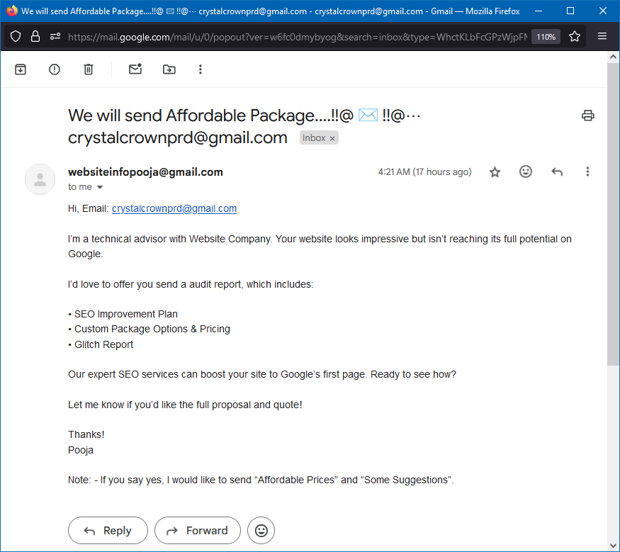 CrystalCrownPrd's tweet photo. I've been Pooja'ed! 🤣🤣🤣
The 1st pic is an email from my buddy Pooja offering to get me on Google's first page if I pay him "affordable rates".
The second is what comes up if you search "Annimax" on Google.
Spammers & Pooja, please check before you spam. 🤷♂️
#SayNoToSpam https://t.co/M6yHnHf6wK