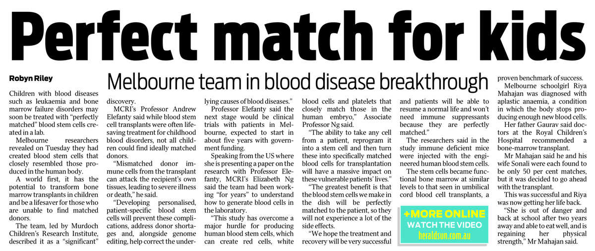 Murdoch Children's Research Institute (MCRI) (@mcri_for_kids) on Twitter photo MCRI Prof <a href="/AndrewElefanty/">AndrewElefanty</a> and A/Prof Elizabeth Ng have spoken to <a href="/theheraldsun/">Herald Sun</a> about how children with blood diseases including #leukaemia and bone marrow failure disorders may soon be treated with βperfectly matchedβ blood stem cells created in a lab.
Full story β¬οΈ MCRI Prof <a href="/AndrewElefanty/">AndrewElefanty</a> and A/Prof Elizabeth Ng have spoken to <a href="/theheraldsun/">Herald Sun</a> about how children with blood diseases including #leukaemia and bone marrow failure disorders may soon be treated with βperfectly matchedβ blood stem cells created in a lab.
Full story β¬οΈ