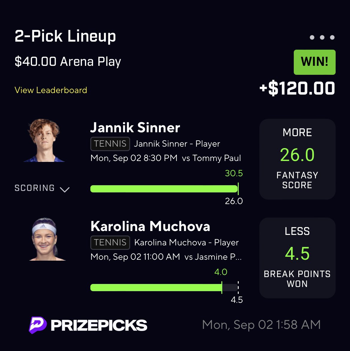agent_meshi's tweet photo. Recap 🎾

almost had the get back from yesterdays 🪝 for 25x

ADM nasty hook on the last thompson service game and machac forgot how to play tennis today smh 

still a good start to the month. gonna try and finish USO strong

#PrizePicks #GamblingX #ATP #tennis #USOpen2024 https://t.co/2F1sTtXm1d