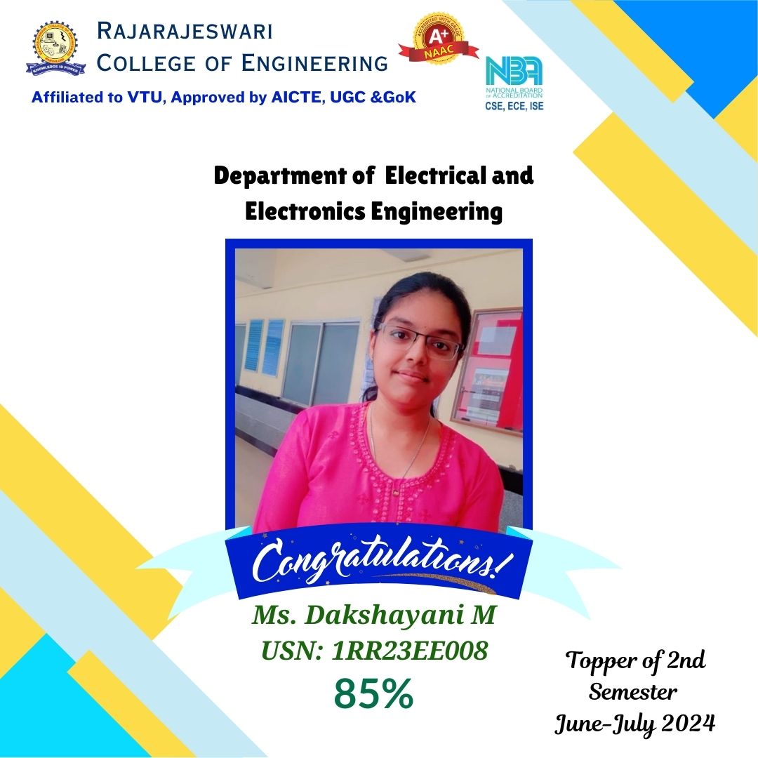 rrceblr's tweet image. #RRCE #Department_of_Electrical_and_Electronics_Engineering (#EEE)

We are thrilled to extend our hearty congratulations to the TOPPER of 2nd-semester #EEE -Student Ms. Dakshayani M, USN: 1RR23EE008, who Secured 85% in VTU examinations June-July 2024.